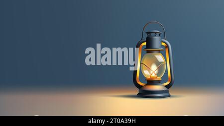 Realistische Kerosin-Glaslampe 3D-Zeichentrickdarstellung. Vektorbild von Beleuchtung Reisezubehör. Realistische Lichterszene im Dunkeln Stock Vektor