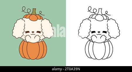 Cartoon Halloween Poodle Dog Clipart für Malseite und Illustration. Happy Art Halloween Hündchen. Stock Vektor