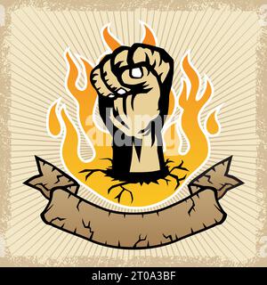 Vektorillustration von Faust und Band auf Flammenhintergrund im Grunge-Rahmenrand Stock Vektor