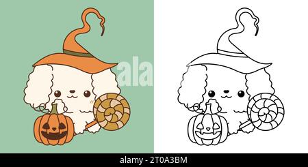 Kawaii Clipart Halloween Pudel Hund Illustration und für Ausmalseite. Lustiges Kawaii Halloween-Hündchen Stock Vektor