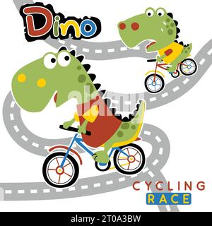 Lustige Dinosaurier, die Fahrrad fahren, Vektor-Karikaturillustration Stock Vektor
