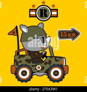 Lustige Nashörner in Militäruniform, die Militärauto fahren, Vektor-Zeichentrickillustration Stock Vektor