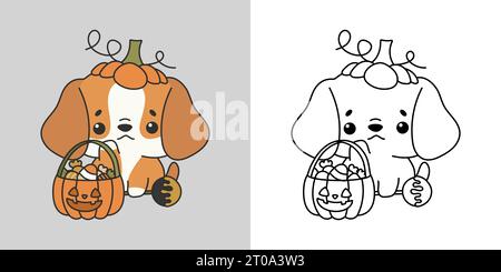 Kawaii Halloween Beagle Dog Clipart mehrfarbig und schwarz-weiß. Niedliches Kawaii Halloween-Hündchen. Stock Vektor