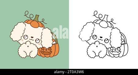 Clipart Halloween Poodle Dog, mehrfarbig und schwarz und weiß. Niedliche Clip Art Halloween Hund. Stock Vektor