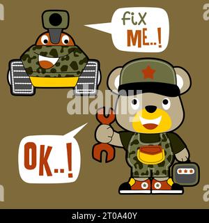 Niedlicher Bär der Militärmechaniker mit lustigem gepanzertem Fahrzeug, Vektor-Zeichentrickillustration Stock Vektor