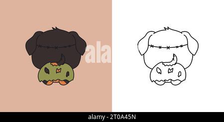 Niedliche Halloween Rottweiler Hund Illustration und für Ausmalseite. Cartoon Clip Art Halloween Hündchen. Stock Vektor