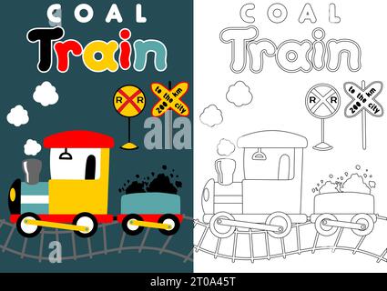Malbuch der Seite, Dampfeisenbahn mit Eisenbahnschildern, Vektor-Karikaturillustration Stock Vektor