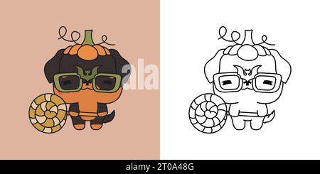 Niedliches Halloween Rottweiler Hund Clipart für Malseite und Illustration. Clip Art Halloween Hund. Stock Vektor