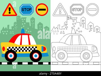 Vektor-Cartoon des Taxis mit Verkehrszeichen auf dem Gebäudeschutz, Malbuch oder Seite Stock Vektor