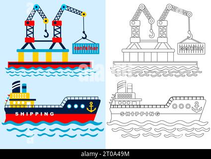 Frachtschiff mit Kran, Malseite oder Buch, Vektor-Karikaturillustration Stock Vektor