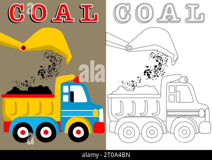 Ausmalbuch der Seite, Kipplaster mit Kranschaufel Maschine, Vektor-Cartoon Stock Vektor
