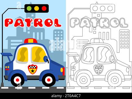 Polizeiauto mit Bremsleuchte auf Gebäudehintergrund, Vektor-Zeichentrick für Malbuch oder Seite Stock Vektor