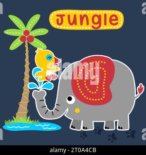 Lustiger Elefant mit Ente, die Wasser im Dschungel spielt, Vektor-Zeichentrickillustration Stock Vektor