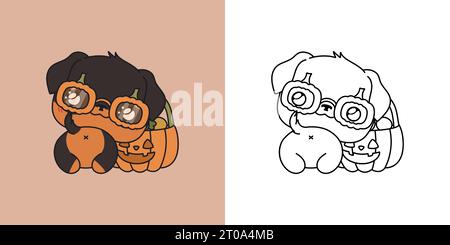 Niedliche Halloween Rottweiler Hund Illustration und für Ausmalseite. Cartoon Clip Art Halloween Hund Stock Vektor