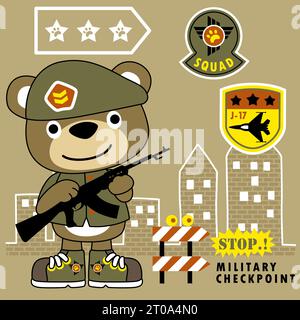 Niedlicher Bär im Soldatenkostüm, der Waffe mit Militärlogo auf Gebäudehintergrund hält, Vektor-Karikaturillustration Stock Vektor