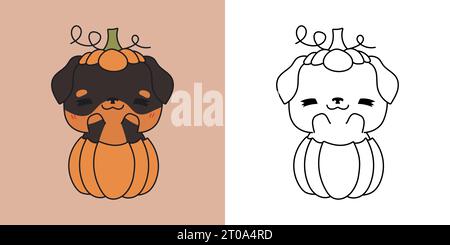 Cartoon Halloween Rottweiler Dog Clipart für Malseite und Illustration. Happy Art Halloween Hund Stock Vektor