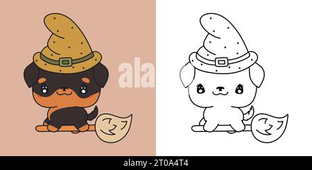 Set Halloween Rottweiler Hund mehrfarbig und schwarz-weiß. Kawaii Clip Art Halloween Hund. Stock Vektor