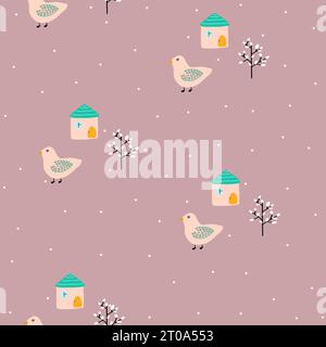 Nahtloses Muster von Vogel, Haus und Baum, gezeichneter Gartendruck. Botanische Illustration für Wohnkultur, Tapete, Cover Design, Verpackungspapier. Stock Vektor