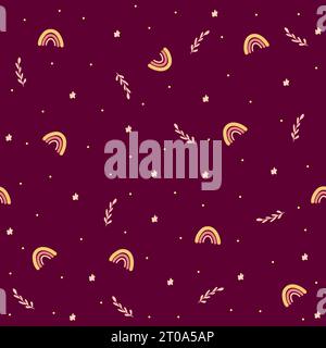 Regenbogen und botanische Elemente nahtloses Muster, kindlicher Druck für Tapeten, Kinderstoff, Kinderzimmer-Innenausstattung, Illustration im Boho-Stil Stock Vektor