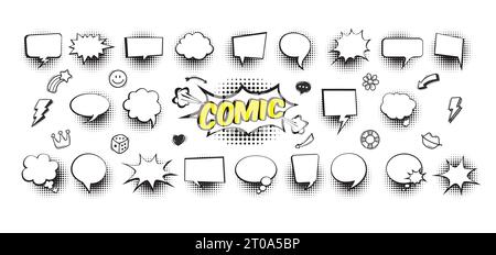 Leere Sprechblasen im Retro-Comic-Stil mit schwarzen Halbtonschatten. Handgezeichnete Pop-Art, Vintage-Sprachwolken, Denkblasen, Chat, Sieg Stock Vektor