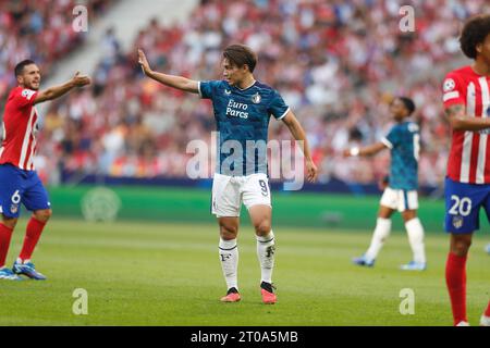 Ayase Ueda (Feyenoord), 4. OKTOBER 2023 - Fußball / Fußball : Gruppenphase der UEFA Champions League Spieltag 2 Gruppenspiel der Gruppe E zwischen Club Atletico de Madrid 3-2 Feyenoord im Estadio Metropolitano in Madrid, Spanien. (Foto: Mutsu Kawamori/AFLO) Stockfoto