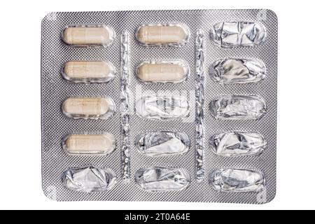 Die Tabletten sind in Blisterpackungen leer. Leere silberne Blisterpackung. Gebrauchte Blistertabletten. Leere Blisterpackung aus Arzneimitteln. Hochwertige Fotos Stockfoto