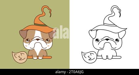 Set Clipart Halloween Bulldog Dog Malseite und farbige Illustration. Kawaii Halloween Hund Stock Vektor