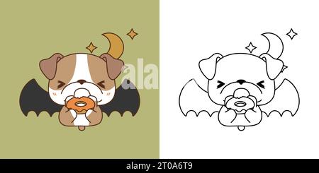 Set Halloween Bulldog Dog, mehrfarbig und schwarz und weiß. Kawaii Clip Art Halloween Hund. Stock Vektor