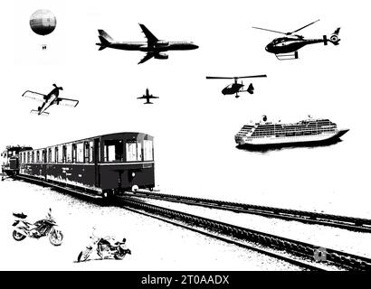 Darstellung verschiedener Transportmittel. Graffiti in Schwarz und weiß. Heißluftballon, Flugzeuge, Hubschrauber, Autogiro (autogyro), Vintage Moto. Stockfoto