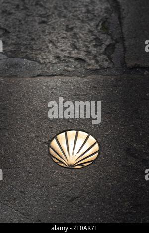 Camino de Santiago Markierer aus Messingmuscheln auf dem Bürgersteig, der in Richtung der Kathedrale, Santiago de Compostela, Spanien, führt Stockfoto