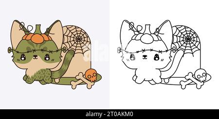 Niedliche Halloween Bengal Cat Clipart Illustration und Schwarz-weiß. Lustige Clip Art Halloween Kätzchen. Stock Vektor