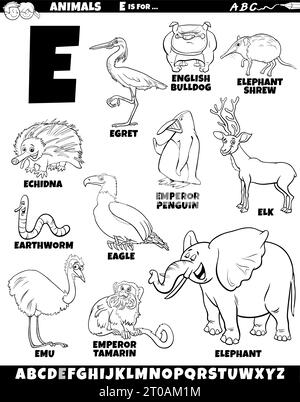 Zeichentrickillustration von Tierzeichen, die für die Ausmalseite des Buchstabens E eingestellt sind Stock Vektor