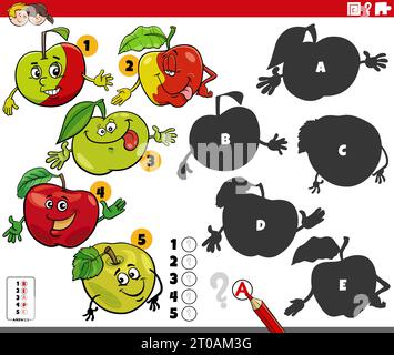Comic-Illustration der Suche nach den richtigen Schatten zu den Bildern Lernspiel mit Comic-Apfelfiguren Stock Vektor