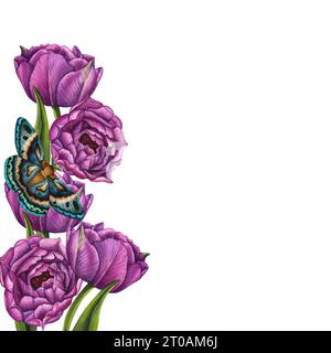 Vektor-Illustration der Blumenkomposition, des Rahmens, des Straußes für Grußkarte, des Hintergrunds oder des Flyers. Violette Tulpen und Schmetterling. März. International Stock Vektor