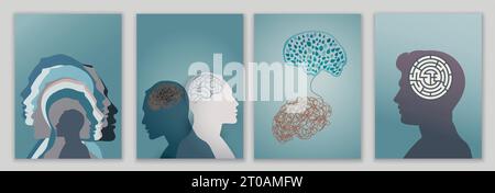 Vorlagensatz. Broschüre. Psychische Gesundheit. Metaphorische bipolare Störung geistig. Doppelte Fläche. Geteilte Persönlichkeit. Stimmungsstörung.Silhouette.Poster Stock Vektor