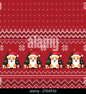 Gestrickte Weihnachts- und Neujahrsmuster in Corgi-Hund mit Weihnachtsmütze. Strickpullover Aus Wolle. Tapete Geschenkpapier Textildruck. Stock Vektor