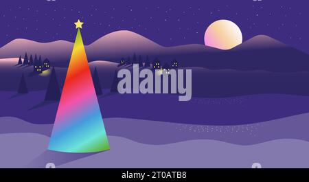 Magischer Regenbogen-Weihnachtsbaum in einer lila Schneelandschaft bei Nacht. Kopierbereich Stock Vektor