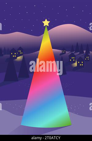 Magischer Regenbogen-Weihnachtsbaum in einer lila Schneelandschaft bei Nacht. Vektorabbildung Stock Vektor