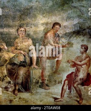 IO, Argo und Hermes, der zentrale Bereich der Nordwand. Das Ekklesiasterion, der Tempel Isis und die römische Stadt Fresco Pompeji befinden sich in der Nähe von Neapel in der Region Kampanien. Pompeji wurde bei der Eruption des Vesuvs 79 n. Chr. unter 4-6 m vulkanischer Asche und Bimsstein begraben. Italien Stockfoto