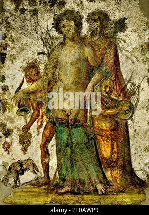 „Dionysos und Maenad, 62-79, Fresco Pompeji Römische Stadt befindet sich in der Nähe von Neapel in der Region Kampanien in Italien. Pompeji wurde bei der Eruption des Vesuvs 79 n. Chr. unter 4-6 m vulkanischer Asche und Bimsstein begraben. Italien Stockfoto