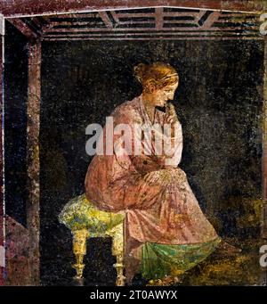 Römische Frauen denken aus der Villa Arianna (Adriana), Stabiae (Stabia) bei Pompeji Fresco Pompeji die römische Stadt liegt in der Nähe von Neapel in der Region Kampanien. Pompeji wurde bei der Eruption des Vesuvs 79 n. Chr. unter 4-6 m vulkanischer Asche und Bimsstein begraben. Italien Stockfoto