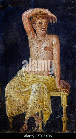 Der junge Mann, der aus dem Triklinium, Villa Arianna, Stabiae Fresco Pompeji römische Stadt, liegt in der Nähe von Neapel in der Region Kampanien in Italien. Pompeji wurde bei der Eruption des Vesuvs 79 n. Chr. unter 4-6 m vulkanischer Asche und Bimsstein begraben. Italien Stockfoto