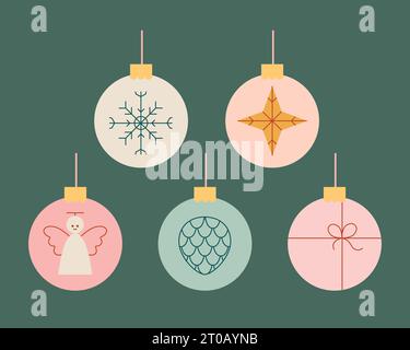 Frohe Weihnachten, Neujahrsposter mit einfacher abstrakter winterlicher Rundkugel für Baum. Stock Vektor