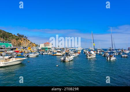 Avalon, CA, USA - 13. September 2023: Blick auf den Hafen von Avalon mit Booten und das Catalina Casino Gebäude im Hintergrund auf Santa Catalina IS Stockfoto