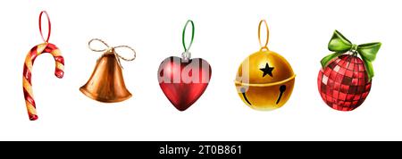 Aquarell weihnachtskugeln, Spielzeug und goldene Glocken Illustrationen auf Bändern. Silvester handgemaltes Symbol isoliert auf weißem Hintergrund. Für Desig Stockfoto