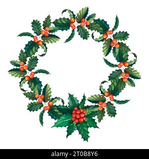 Weihnachtskranz mit Beeren-stechpalmen-Zweigen, Blättern und Früchten. Blumenzweig Rot Weihnachtssymbol Winter Neujahr. Aquarelldekor mit traditionellen Ornamenten und Stockfoto