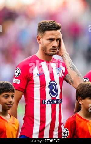 Madrid, Spanien. Oktober 2023. Madrid - Saul Niguez von Atletico Madrid während der zweiten Etappe der Gruppenphase der UEFA Champions League zwischen Atletico Madrid und Feyenoord im Estadio Metropolitano am 4. Oktober 2023 in Madrid. Credit: Box to Box Pictures/Alamy Live News Stockfoto