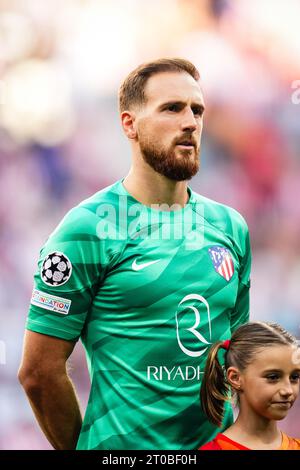 Madrid, Spanien. Oktober 2023. Madrid - Jan Oblak von Atletico Madrid während der zweiten Etappe der Gruppenphase der UEFA Champions League zwischen Atletico Madrid und Feyenoord im Estadio Metropolitano am 4. Oktober 2023 in Madrid. Credit: Box to Box Pictures/Alamy Live News Stockfoto