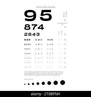 Rosenbaum Pocket Vision Screener Eye Test Chart medizinische Illustration mit Zahlen. Linienvektor-Skizzenstil, isoliert auf weißem Hintergrund. Augenoptiker zur Untersuchung Stock Vektor