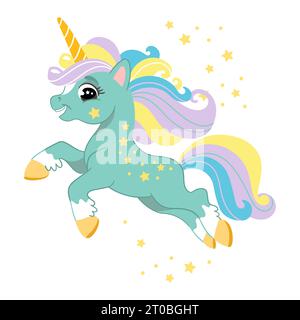 Niedliche Zeichentrickfigur glückliches, grünes Einhorn mit Sternen. Vektorillustration auf weißem Hintergrund isoliert. Magisches Einhorn. Für Druck, Design, p Stock Vektor